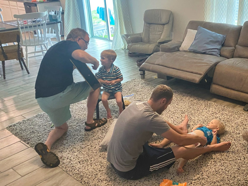 Grandpa did the left hand and Grayson did the strumming. And Nathan did the diapers.